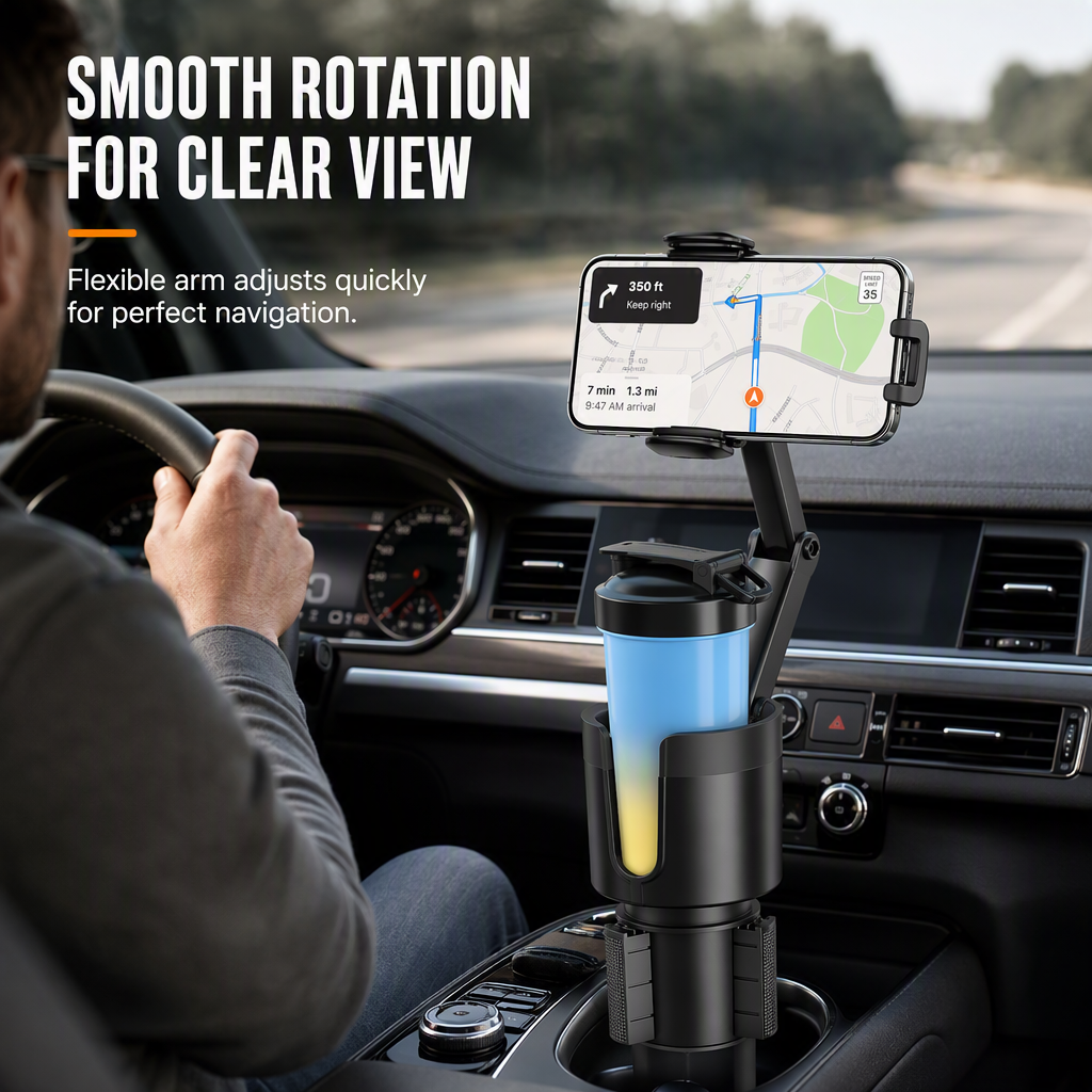 2 in 1 Car Cup Holder and Phone Mount Multifunctional Center Console Beverage Bottle Holder and Mobile Phone Navigation Stand