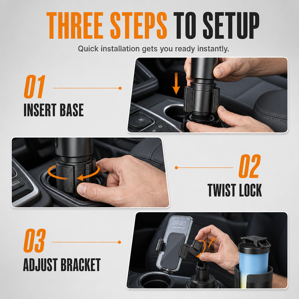2 in 1 Car Cup Holder and Phone Mount Multifunctional Center Console Beverage Bottle Holder and Mobile Phone Navigation Stand