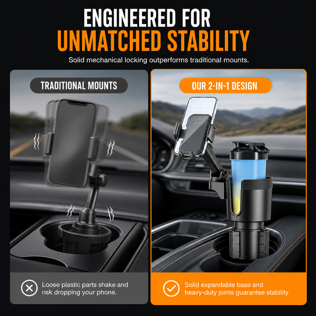 2 in 1 Car Cup Holder and Phone Mount Multifunctional Center Console Beverage Bottle Holder and Mobile Phone Navigation Stand