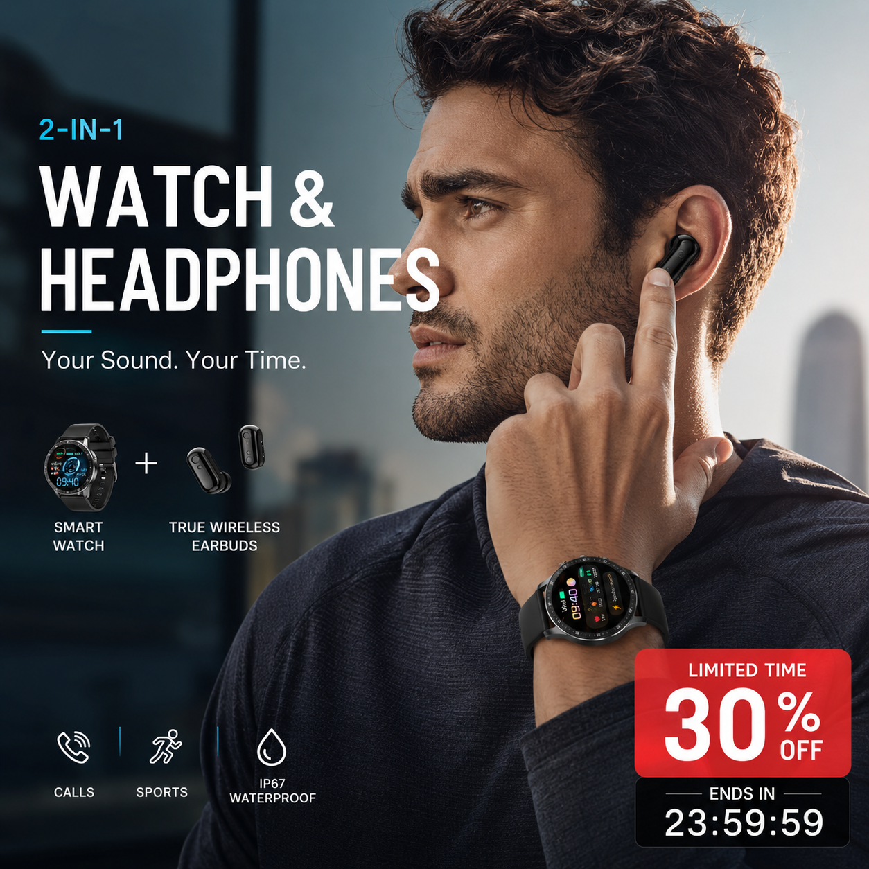 📢📢50% OFF !! ⏰2-in-1 smartwatch with built-in wireless earbuds 🎧️