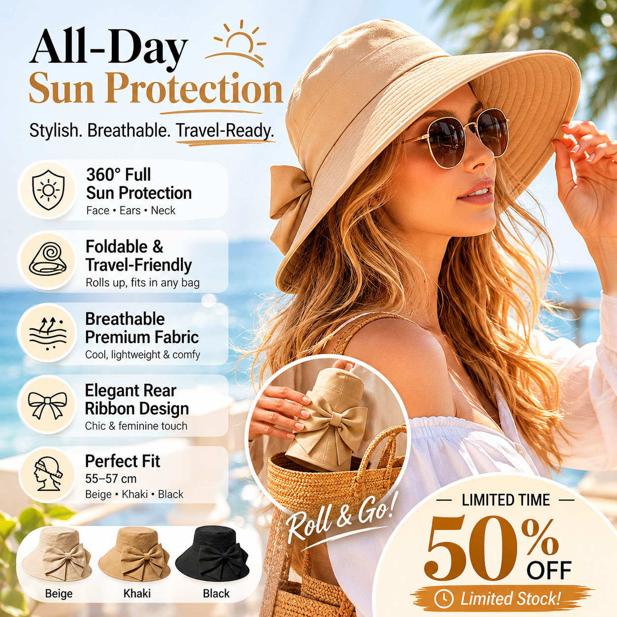 👒 LIMITED-TIME 50% OFF! ✨ Women's Bowknot Wide Brim Sun Hat – Foldable, 360° Protection 🎀
