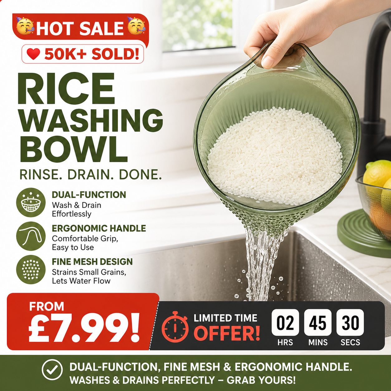🥳HOT SALE🥳💞50K+ SOLD! Rice Washing Bowl – From £7.99! Dual-function, fine mesh & ergonomic handle. Washes & drains perfectly – grab yours! ✅